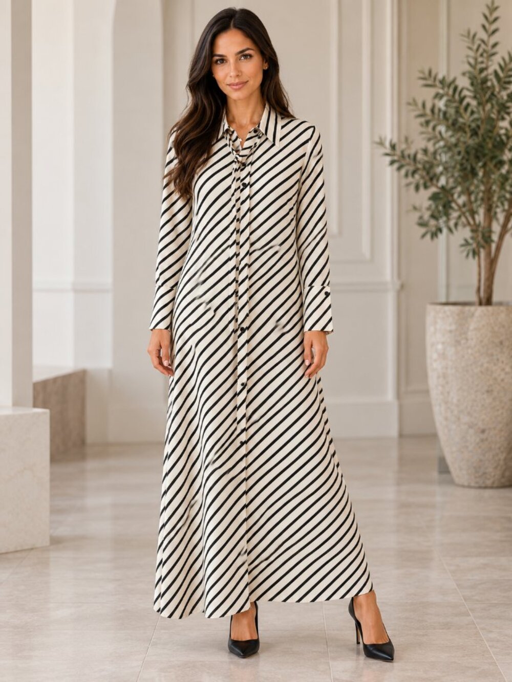 H&M Black Ivory Diagonal Stripe Maxi Shirt Dress Tie Neck Size M